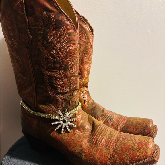Nocona Shoes - Nocona Copper/Bronze Embossed Western Boots with Starburst Rhinestone Harness